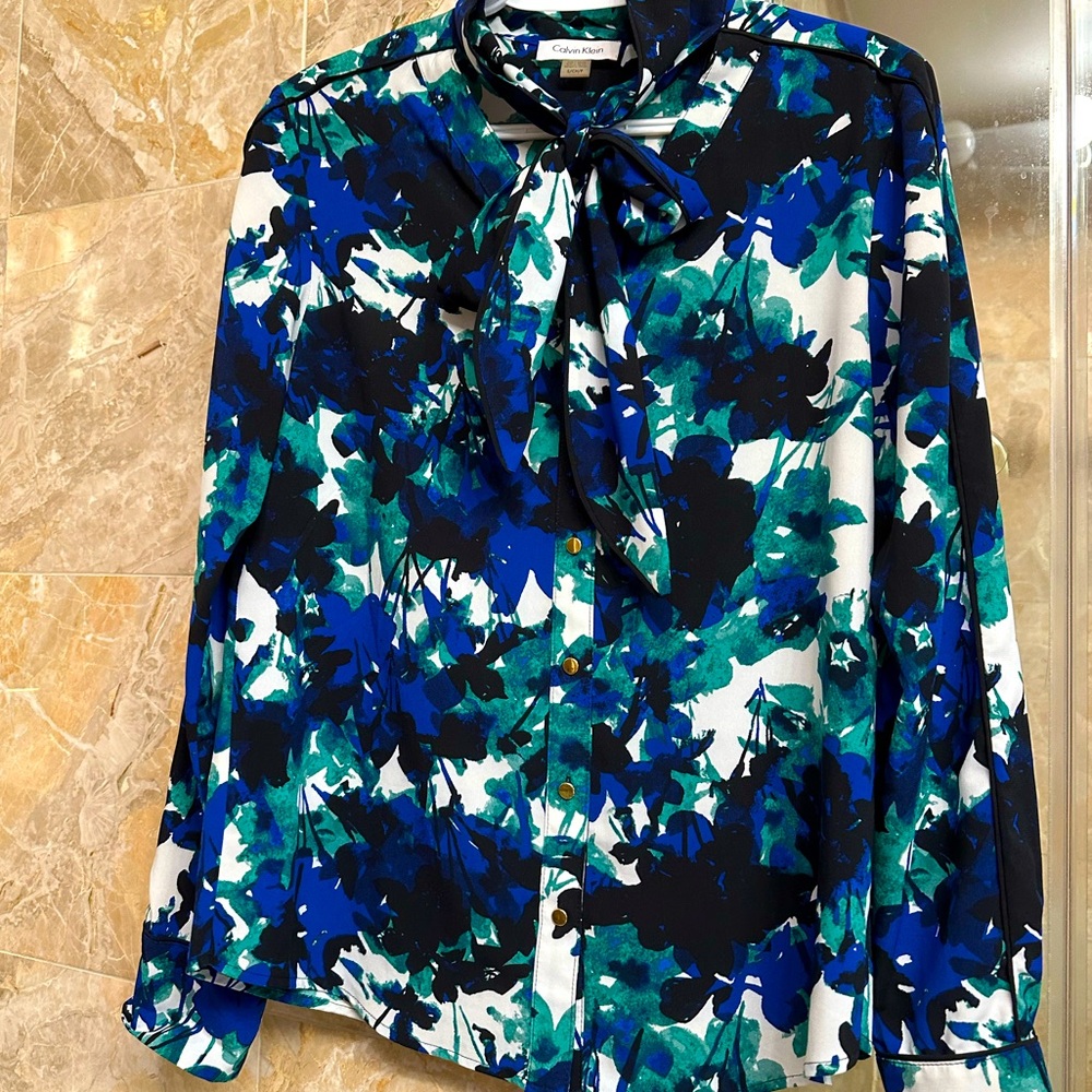 Calvin Klein tie neck floral blouse